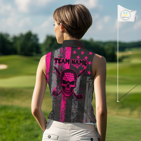 Custom Pink Grunge American Flag Patriotic Skull Sleeveless Golf Polo Shirt, Retro Golf top NQS10482
