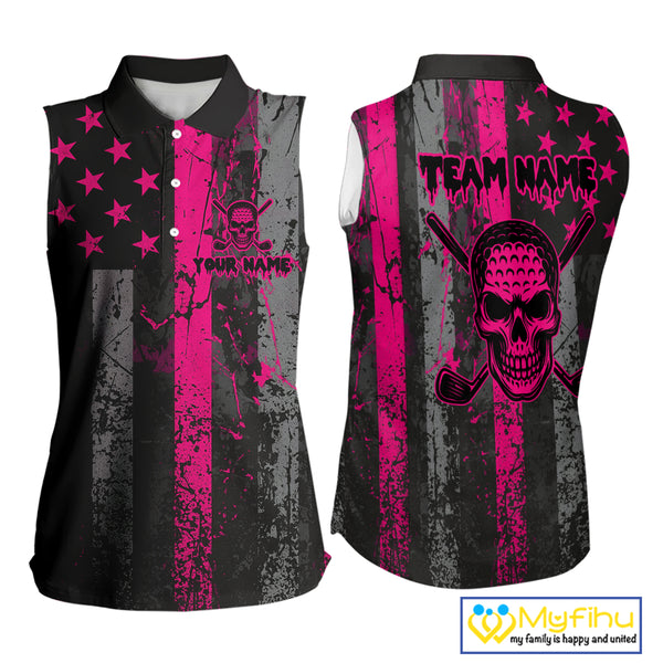 Custom Pink Grunge American Flag Patriotic Skull Sleeveless Golf Polo Shirt, Retro Golf top NQS10482
