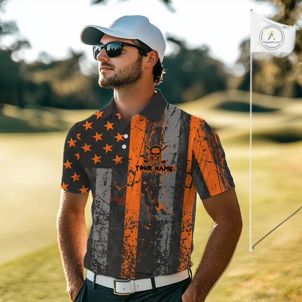 Custom Orange Grunge American Flag Patriotic Skull Halloween Golf Shirt For Men, Retro Mens Golf top NQS10483
