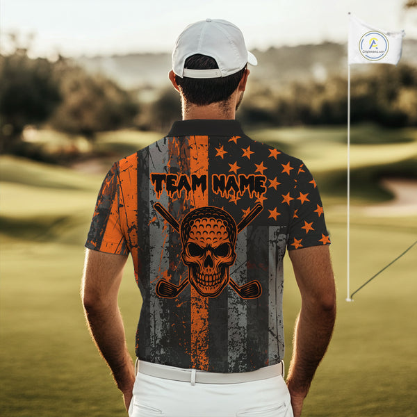 Custom Orange Grunge American Flag Patriotic Skull Halloween Golf Shirt For Men, Retro Mens Golf top NQS10483