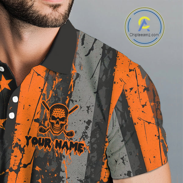 Custom Orange Grunge American Flag Patriotic Skull Halloween Golf Shirt For Men, Retro Mens Golf top NQS10483