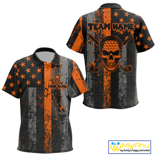Custom Orange Grunge American Flag Patriotic Skull Halloween Golf Shirt For Kid, Retro Kid Golf top NQS10483
