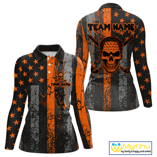Custom Orange Grunge American Flag Patriotic Skull Halloween Golf Shirt For Women, Ladies Golf top NQS10483