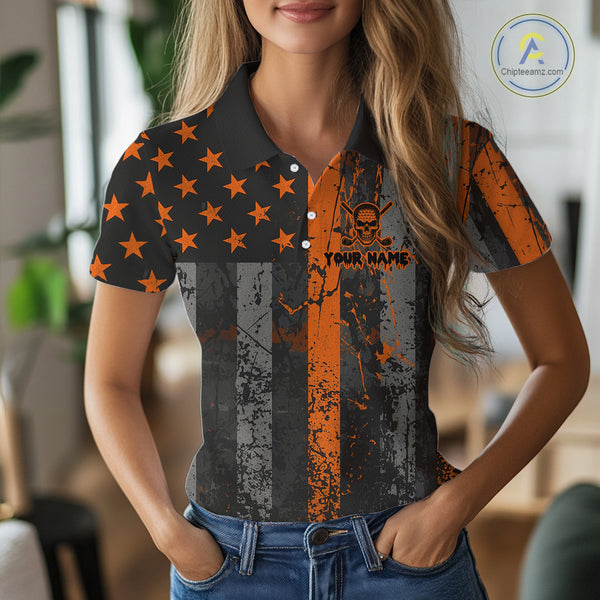 Custom Orange Grunge American Flag Patriotic Skull Halloween Golf Shirt For Women, Ladies Golf top NQS10483