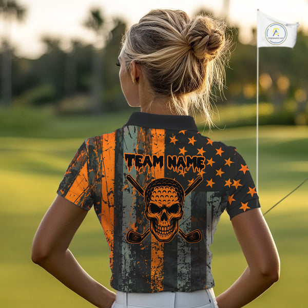 Custom Orange Grunge American Flag Patriotic Skull Halloween Golf Shirt For Women, Ladies Golf top NQS10483