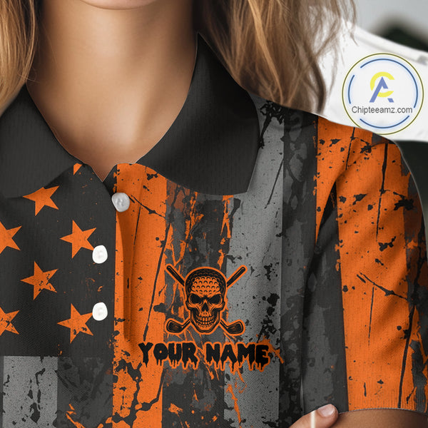 Custom Orange Grunge American Flag Patriotic Skull Halloween Golf Shirt For Women, Ladies Golf top NQS10483
