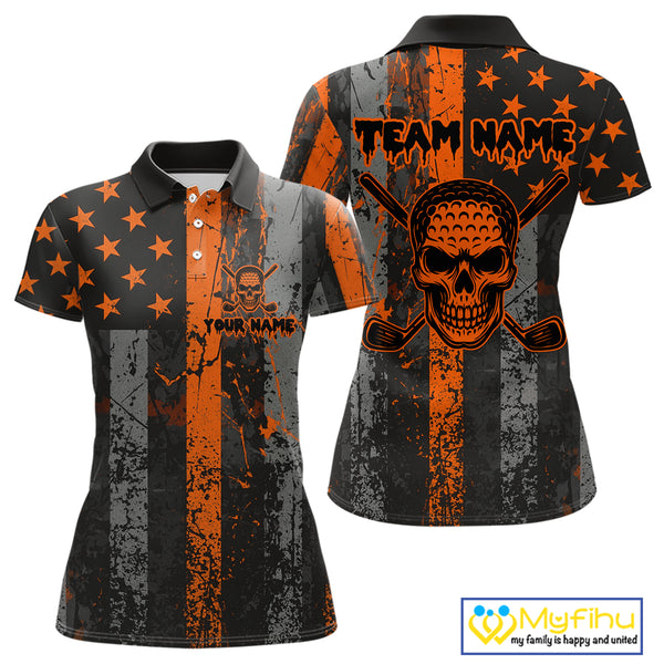 Custom Orange Grunge American Flag Patriotic Skull Halloween Golf Shirt For Women, Ladies Golf top NQS10483