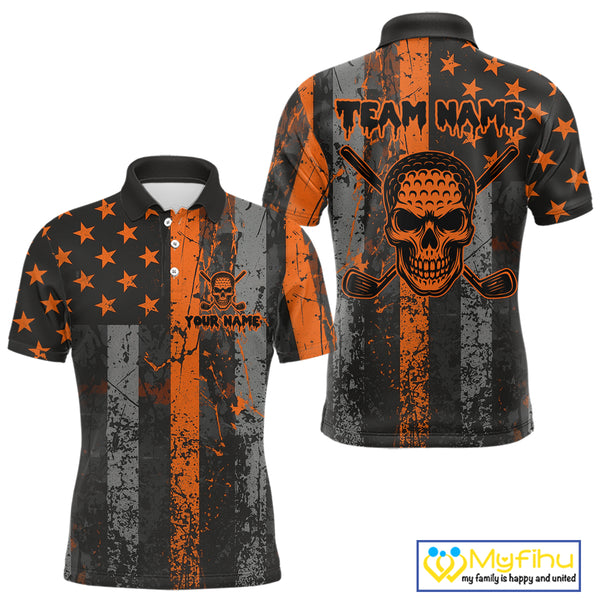 Custom Orange Grunge American Flag Patriotic Skull Halloween Golf Shirt For Men, Retro Mens Golf top NQS10483