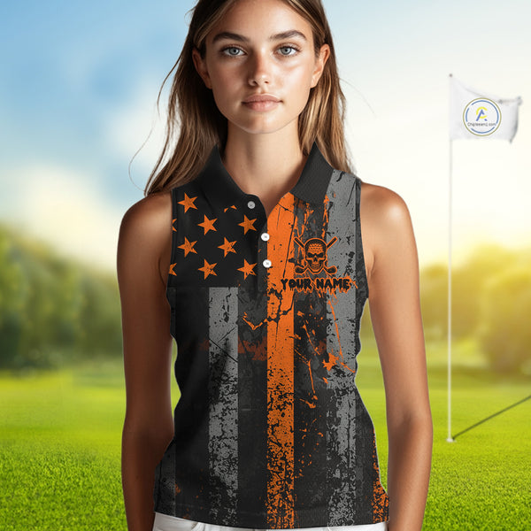 Custom Orange Grunge American Flag Patriotic Skull Halloween Sleeveless Polo Shirt, Retro Golf top NQS10483