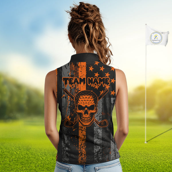 Custom Orange Grunge American Flag Patriotic Skull Halloween Sleeveless Polo Shirt, Retro Golf top NQS10483