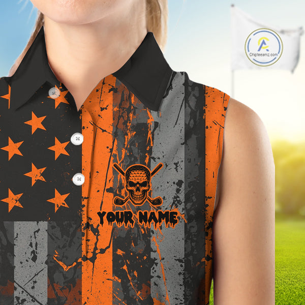 Custom Orange Grunge American Flag Patriotic Skull Halloween Sleeveless Polo Shirt, Retro Golf top NQS10483