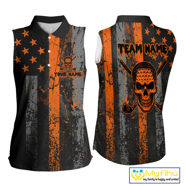 Custom Orange Grunge American Flag Patriotic Skull Halloween Sleeveless Polo Shirt, Retro Golf top NQS10483