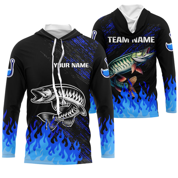 Blue fire Musky fishing Custom performance long sleeve flame Muskie fishing tournament shirts for team NQS9744