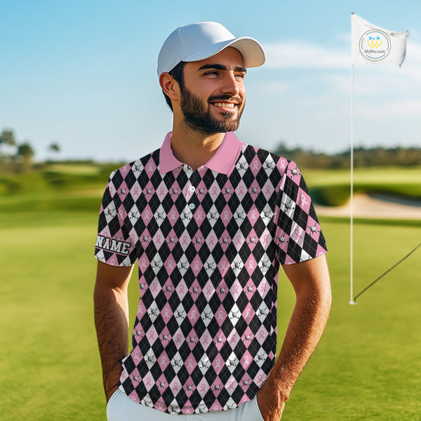 Black and Pink ribbons argyle pattern Mens golf polo shirt Custom Breast Cancer Awareness golf outfit NQS10513