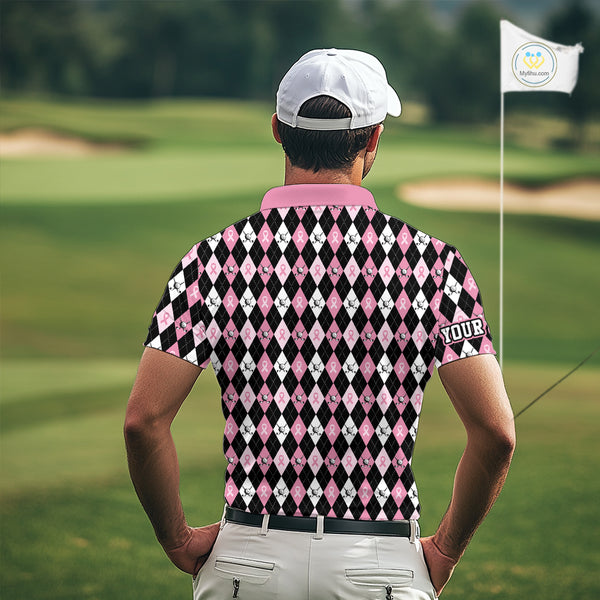 Black and Pink ribbons argyle pattern Mens golf polo shirt Custom Breast Cancer Awareness golf outfit NQS10513
