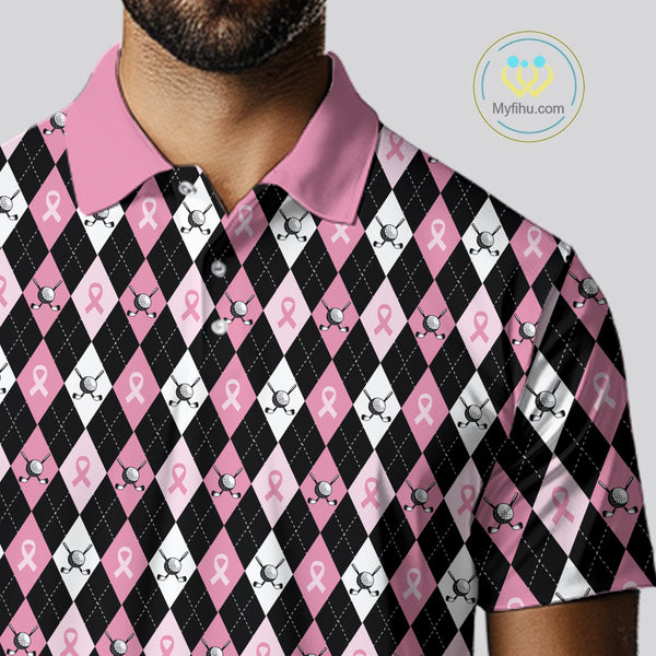 Black and Pink ribbons argyle pattern Mens golf polo shirt Custom Breast Cancer Awareness golf outfit NQS10513