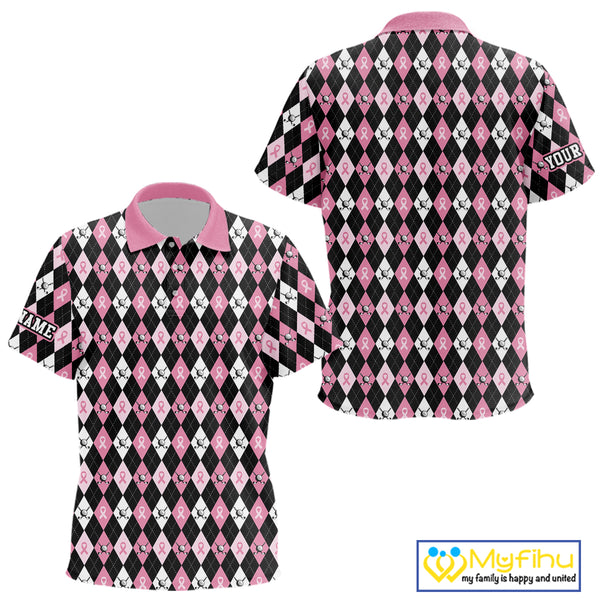 Black and Pink ribbons argyle pattern Kid golf polo shirt Custom Breast Cancer Awareness golf outfit NQS10513