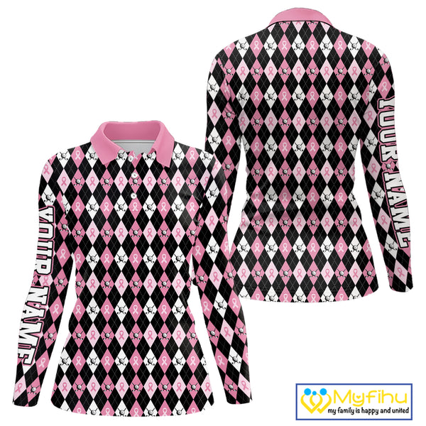 Black & Pink ribbons argyle pattern Women golf polo shirt Custom Breast Cancer Awareness golf outfit NQS10513