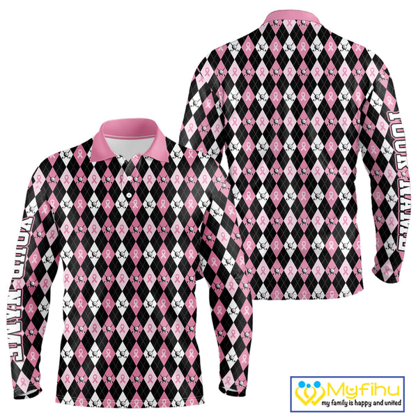 Black and Pink ribbons argyle pattern Mens golf polo shirt Custom Breast Cancer Awareness golf outfit NQS10513