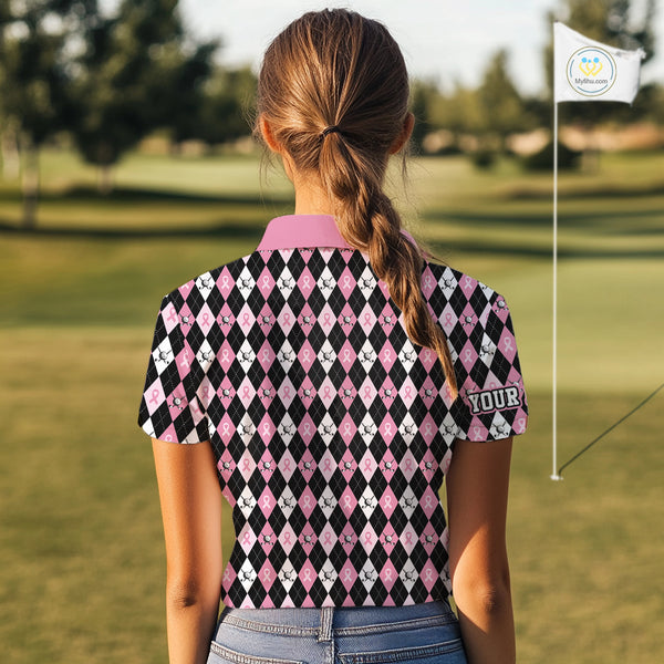 Black & Pink ribbons argyle pattern Women golf polo shirt Custom Breast Cancer Awareness golf outfit NQS10513