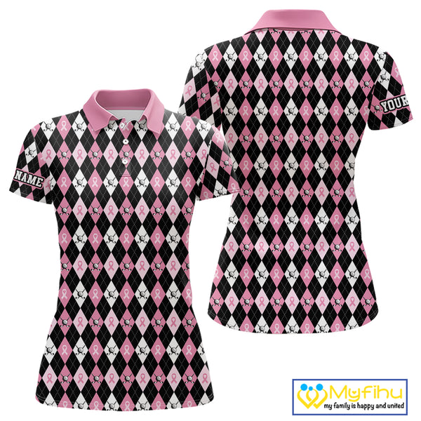 Black & Pink ribbons argyle pattern Women golf polo shirt Custom Breast Cancer Awareness golf outfit NQS10513