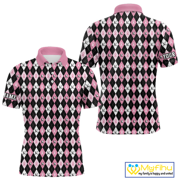 Black and Pink ribbons argyle pattern Mens golf polo shirt Custom Breast Cancer Awareness golf outfit NQS10513