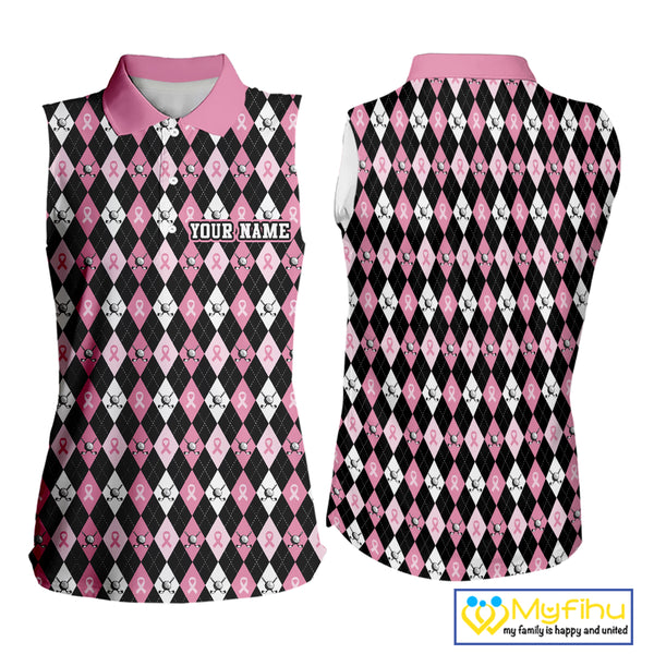 Black & Pink ribbons argyle pattern Sleeveless polo shirt Custom Breast Cancer Awareness golf outfit NQS10513