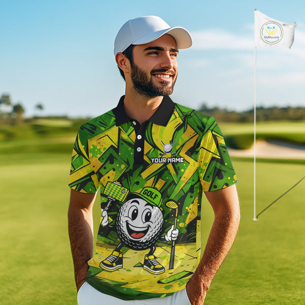 Green and Yellow camo funny golf ball Mens golf polo shirts custom team golf outfits for men NQS10176