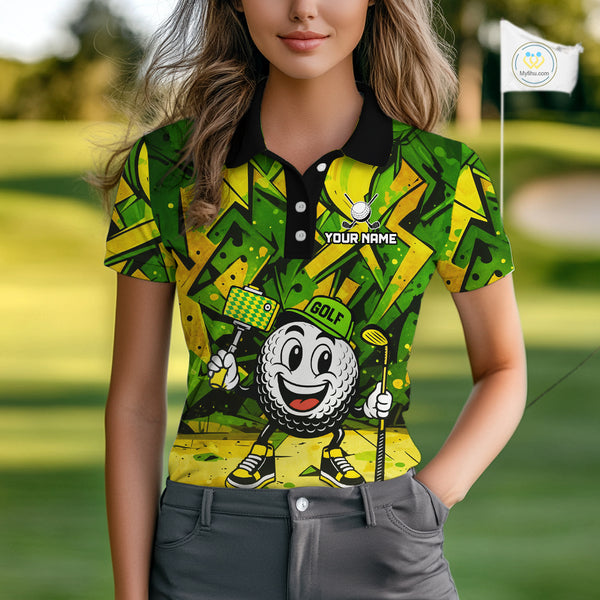 Green and Yellow camo funny golf ball Women golf polo shirts custom team golf outfits for ladies NQS10176
