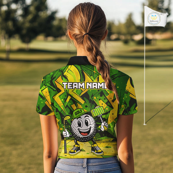 Green and Yellow camo funny golf ball Women golf polo shirts custom team golf outfits for ladies NQS10176
