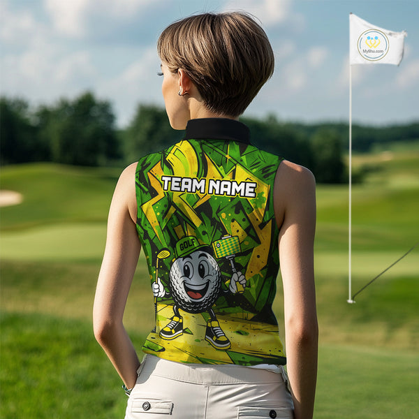 Green and Yellow camo funny golf ball Women sleeveless polo shirt custom team golf outfits for ladies NQS10176