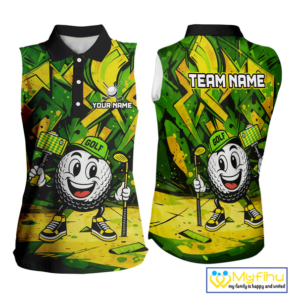 Green and Yellow camo funny golf ball Women sleeveless polo shirt custom team golf outfits for ladies NQS10176