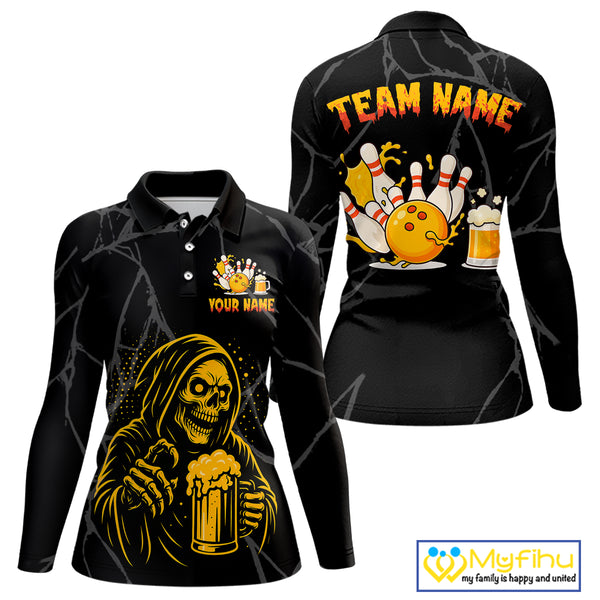 Bowling And Beer Custom Skull Bowling Shirts For Women, Halloween Bowling Outfits NQS10518