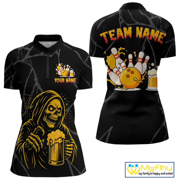 Bowling And Beer Custom Skull Bowling Shirts For Women, Halloween Bowling Outfits NQS10518