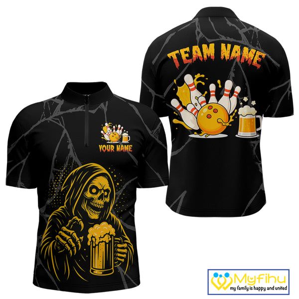 Bowling And Beer Custom Skull Bowling Shirts For Men, Halloween Bowling Outfits NQS10518
