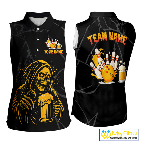 Bowling And Beer Custom Skull Bowling Sleeveless Polo shirt, Halloween Bowling Outfits NQS10518