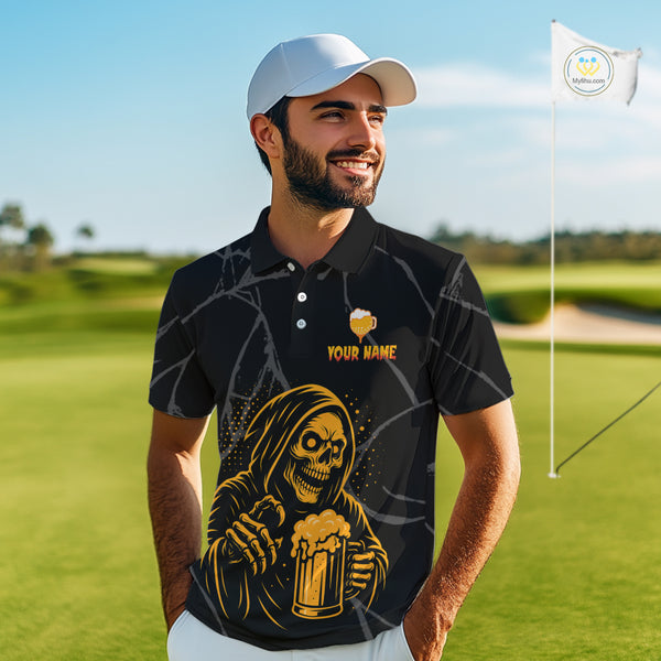 Golf and beer Mens golf polo shirt Custom black and gold skull mens golf attire Halloween golf outfit NQS10519