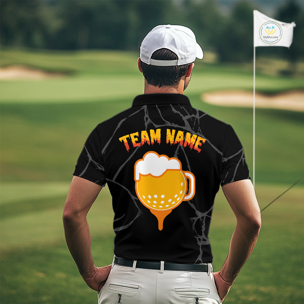 Golf and beer Mens golf polo shirt Custom black and gold skull mens golf attire Halloween golf outfit NQS10519