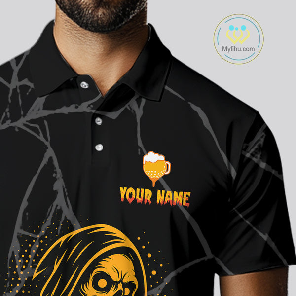 Golf and beer Mens golf polo shirt Custom black and gold skull mens golf attire Halloween golf outfit NQS10519