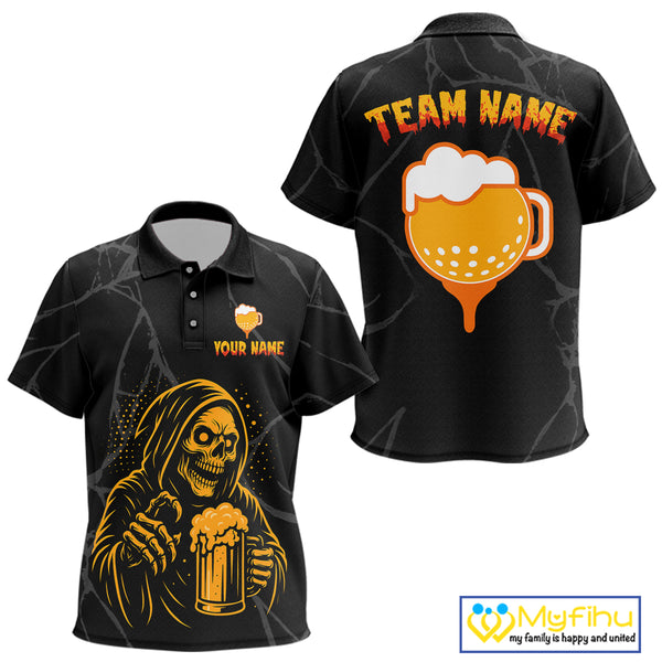 Golf and beer Kid golf polo shirt Custom black and gold skull Kid golf attire Halloween outfit NQS10519