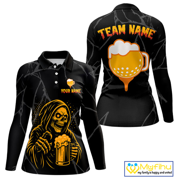 Golf and beer Women golf polo shirt Custom black and gold skull ladies golf attire Halloween outfit NQS10519