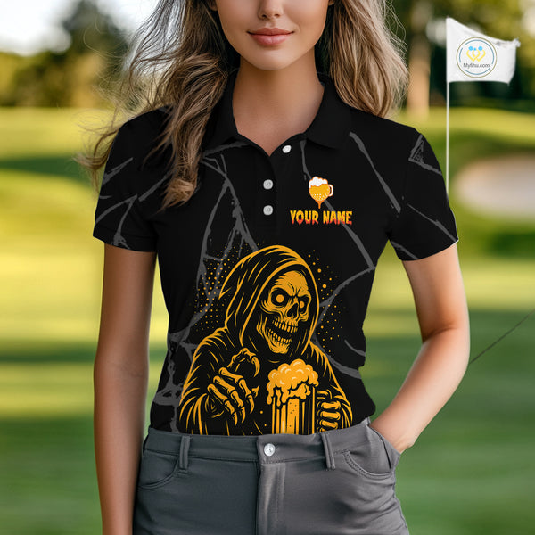 Golf and beer Women golf polo shirt Custom black and gold skull ladies golf attire Halloween outfit NQS10519