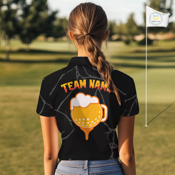 Golf and beer Women golf polo shirt Custom black and gold skull ladies golf attire Halloween outfit NQS10519