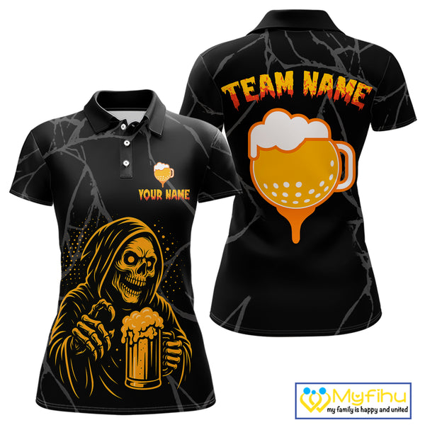 Golf and beer Women golf polo shirt Custom black and gold skull ladies golf attire Halloween outfit NQS10519