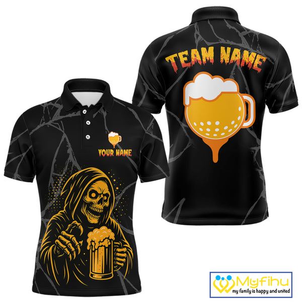 Golf and beer Mens golf polo shirt Custom black and gold skull mens golf attire Halloween golf outfit NQS10519