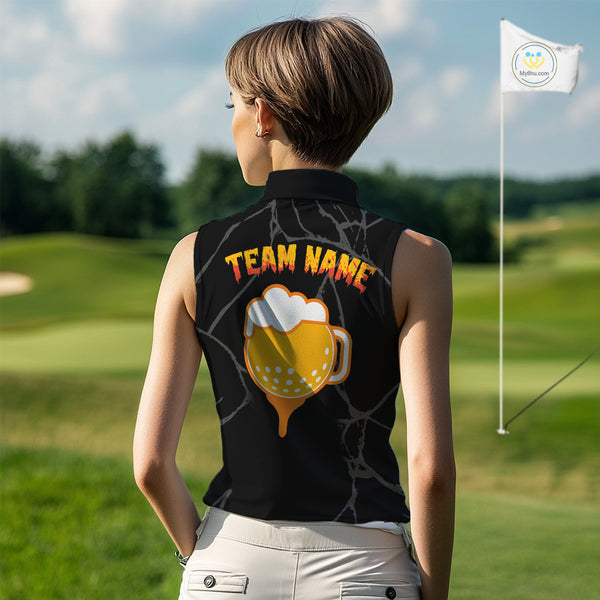 Golf and beer Sleeveless polo shirt Custom black and gold skull ladies golf attire Halloween outfit NQS10519