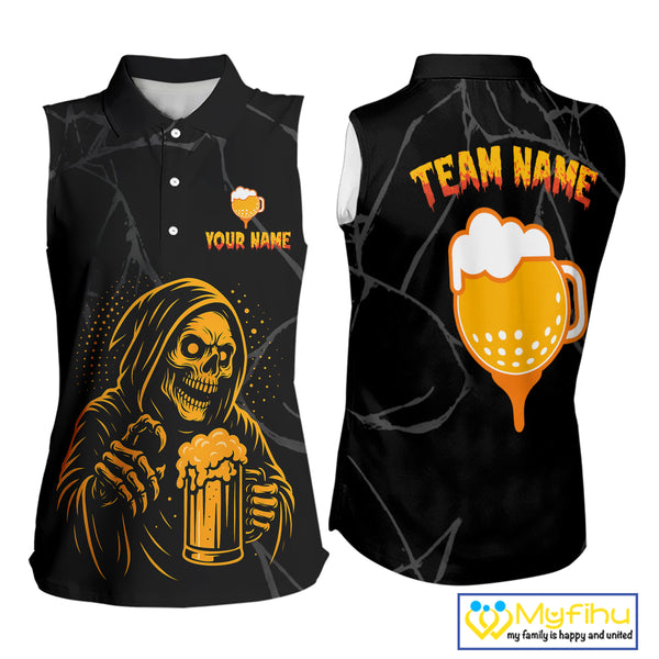 Golf and beer Sleeveless polo shirt Custom black and gold skull ladies golf attire Halloween outfit NQS10519
