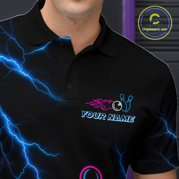 Blue lightning thunder pink neon Bowling Polo, Quarter Zip Shirts For Men Custom Bowling Team Jersey NQS10181