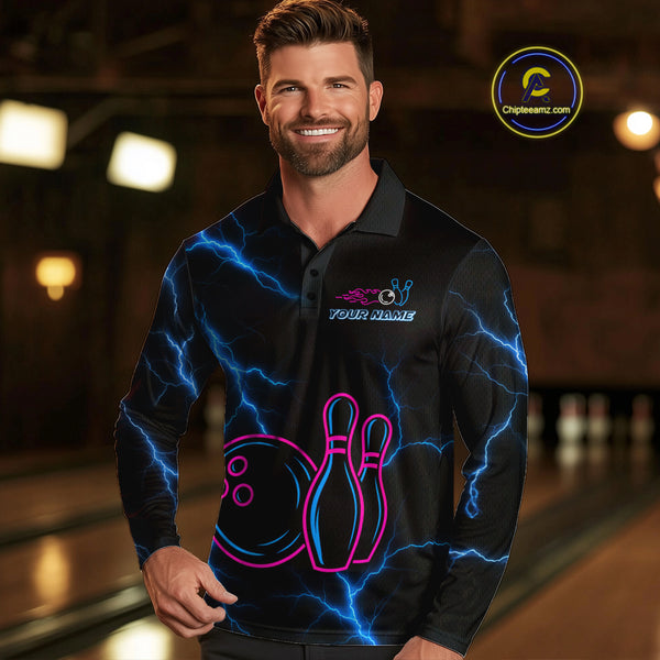 Blue lightning thunder pink neon Bowling Polo, Quarter Zip Shirts For Men Custom Bowling Team Jersey NQS10181