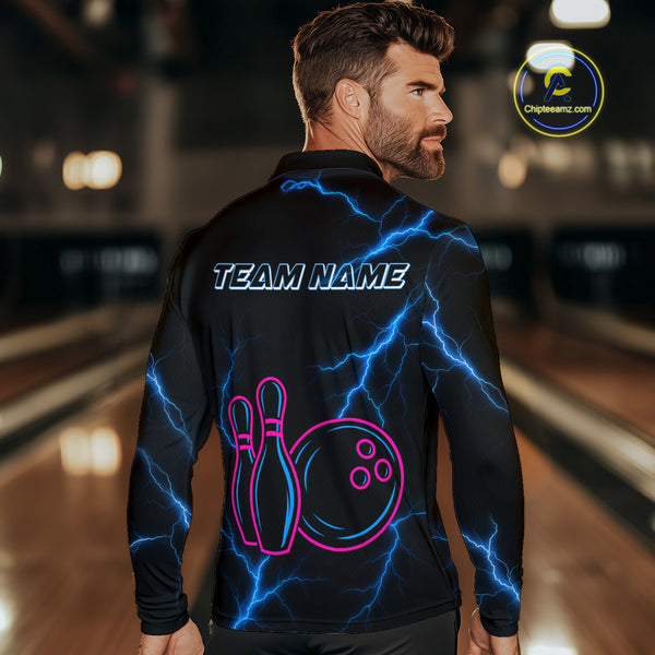 Blue lightning thunder pink neon Bowling Polo, Quarter Zip Shirts For Men Custom Bowling Team Jersey NQS10181